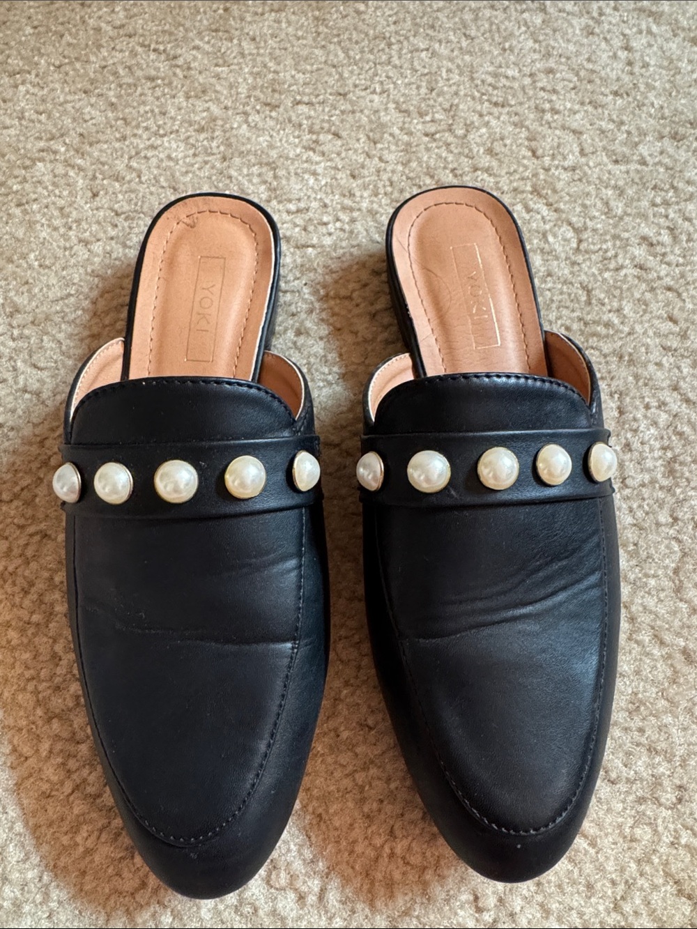 Black Pearl-Embellished Mule Loafers - Size 7